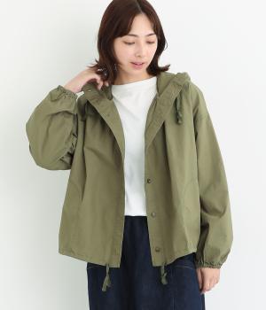 コットンダンプバイオウォッシュ加工フーディブルゾン(カーキ-L)