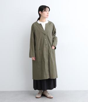 コットンナイロンハイカウントノーカラーコート(カーキ-L)