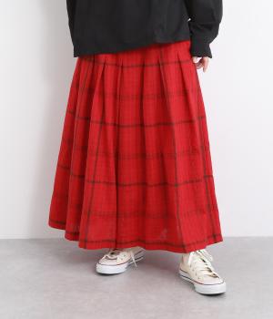 コットンリネン空羽チェックタックワイドパンツ(レッド-L)