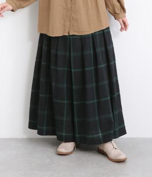 コットンリネン空羽チェックタックワイドパンツ(ネイビー-L)