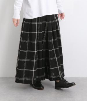 コットンリネン空羽チェックタックワイドパンツ(クロ-L)