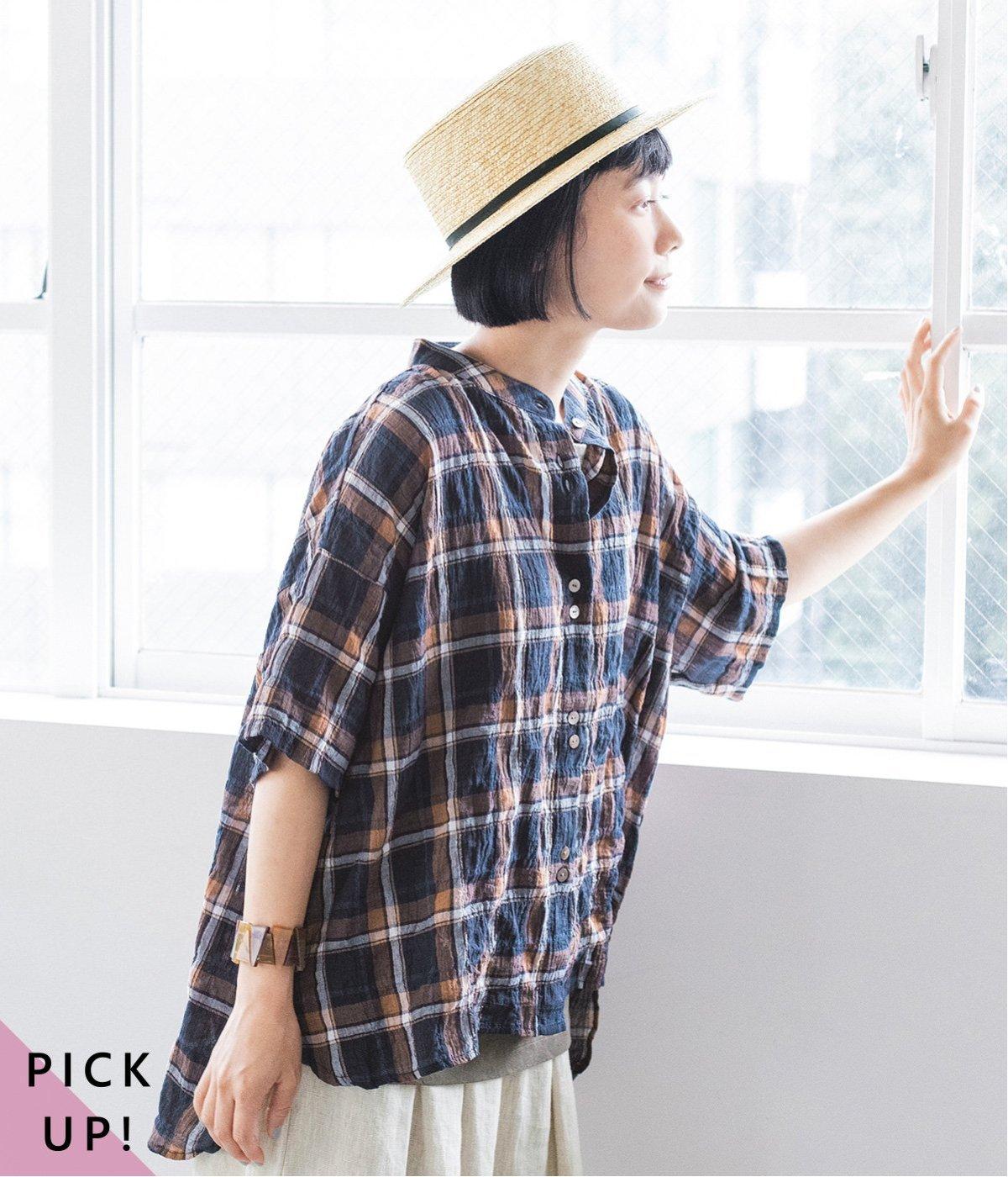 シャーリングシアーチェック柄シャツ(ネイビーチェック-M)