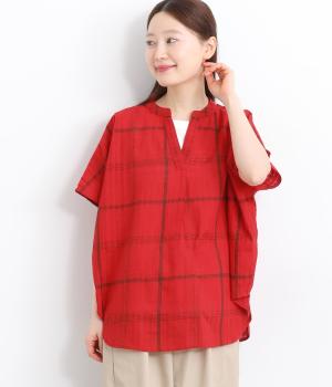 コットンリネン空羽チェックスキッパーシャツ(レッド-M)