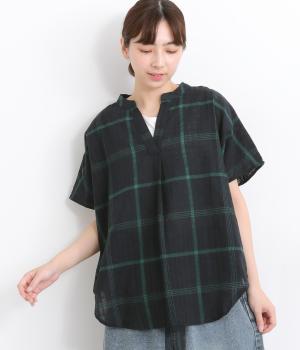 コットンリネン空羽チェックスキッパーシャツ(ネイビー-L)