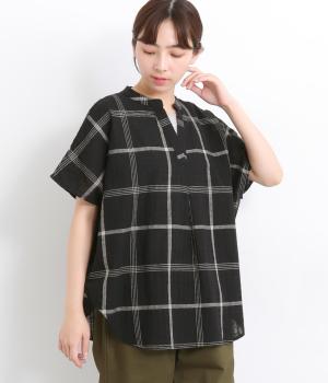 コットンリネン空羽チェックスキッパーシャツ(クロ-L)