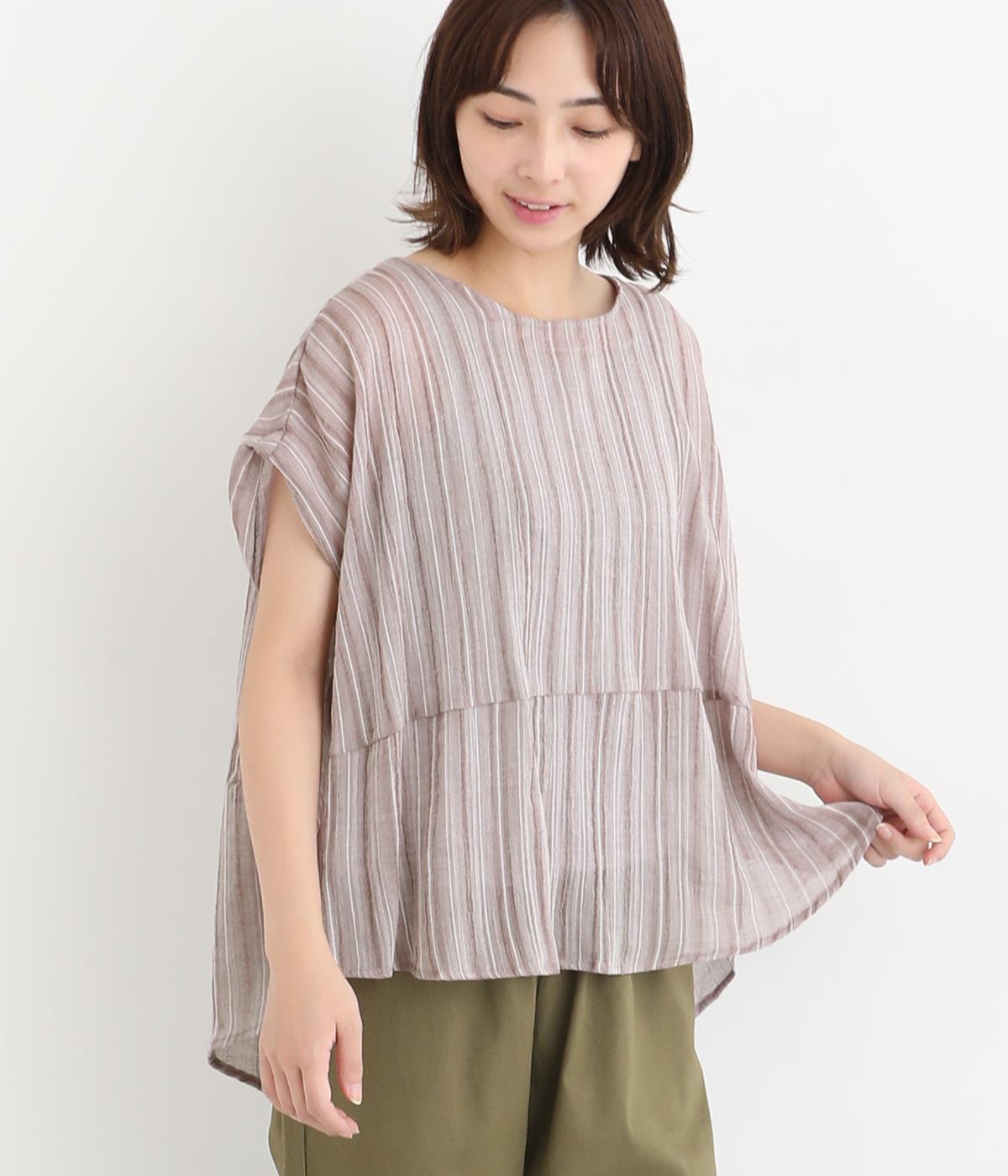 コットンシアーストライプ切り替えブラウス(グレー-ONESIZE)