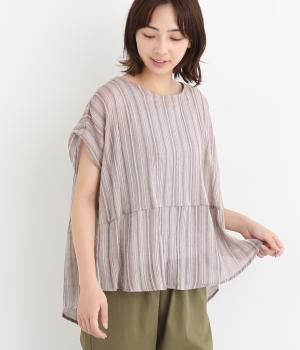 コットンシアーストライプ切り替えブラウス(グレー-ONESIZE)