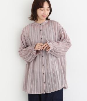 コットンシアーストライプ袖フリルチュニックブラウス