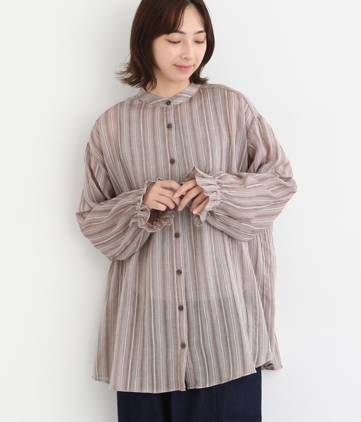 コットンシアーストライプ袖フリルチュニックブラウス(グレー-M)