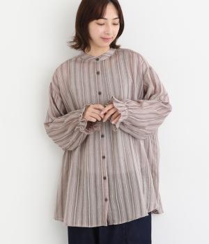コットンシアーストライプ袖フリルチュニックブラウス(グレー-M)