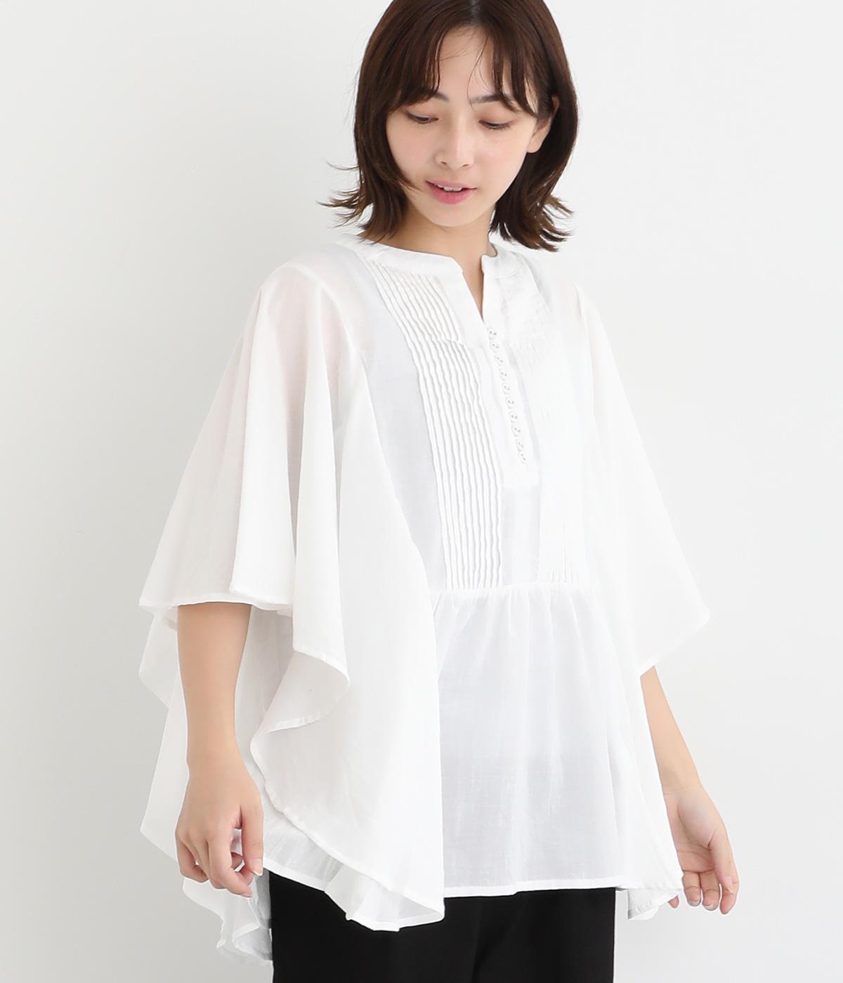 コットンボイルワッシャー多ボタンワイドブラウス(オフホワイト-M)