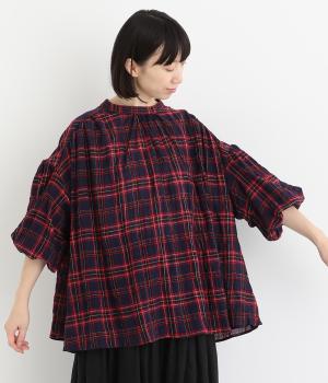 コットンポリウレタンガーゼチェックぽわん袖プルオーバー