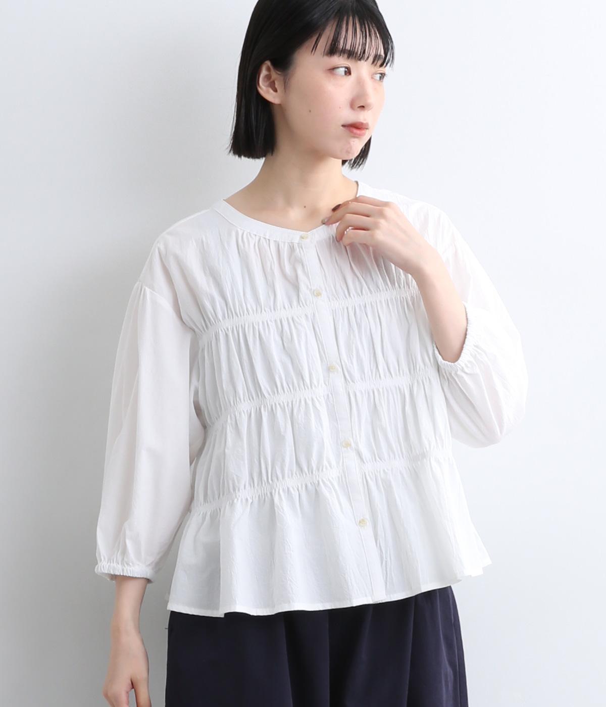 ローンワッシャーギャザーブラウス(オフホワイト-M)