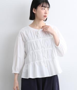ローンワッシャーギャザーブラウス(オフホワイト-M)