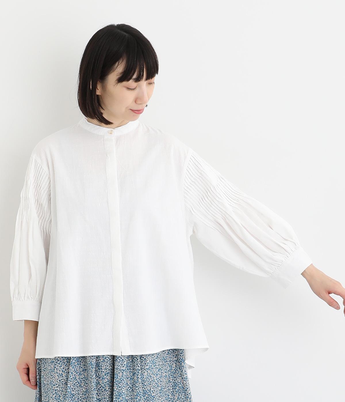 コットンスラブ袖タックブラウス(オフホワイト-M)