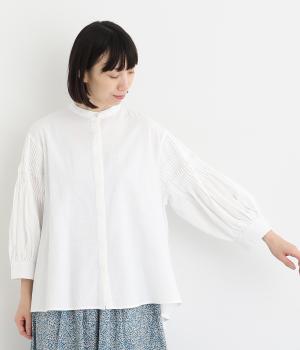 コットンスラブ袖タックブラウス(オフホワイト-M)