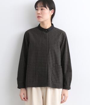 コットンチェックスタンド襟シャツ(ブラウン-L)