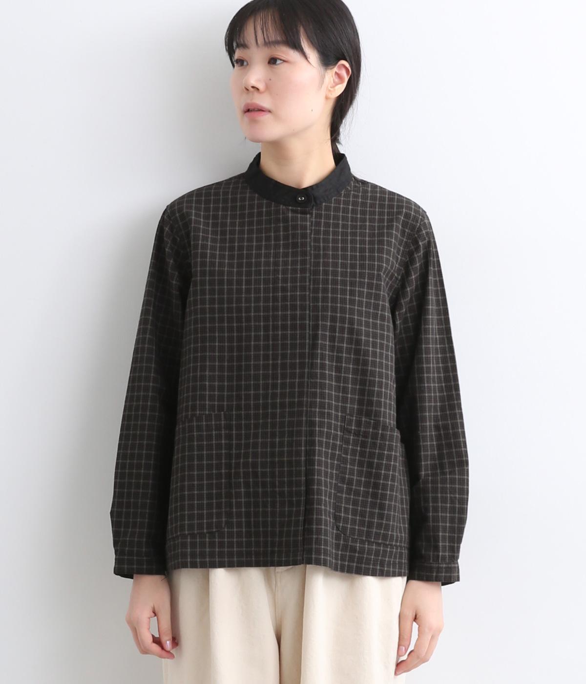 コットンチェックスタンド襟シャツ(ブラウン-M)