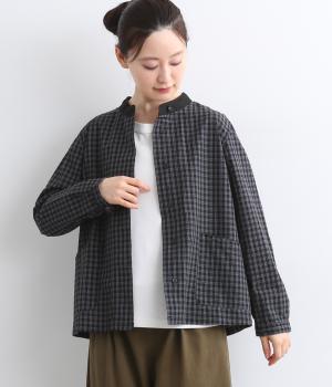 コットンチェックスタンド襟シャツ(ネイビー-L)