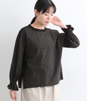 コットンチェックフリル袖プルオーバー(ブラウン-L)