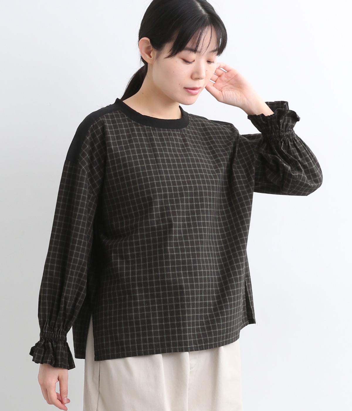 コットンチェックフリル袖プルオーバー(ブラウン-M)
