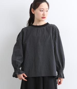 コットンチェックフリル袖プルオーバー(ネイビー-L)