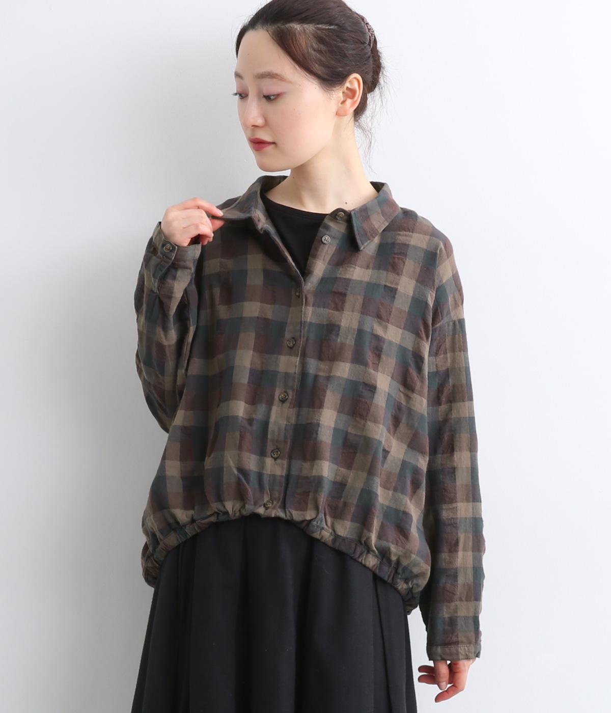 コットンリネンブロックチェック裾ゴムシャツ(ブラウン-M)