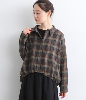 コットンリネンブロックチェック裾ゴムシャツ(ブラウン-M)