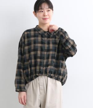 コットンリネンブロックチェック裾ゴムシャツ(ブラック-M)