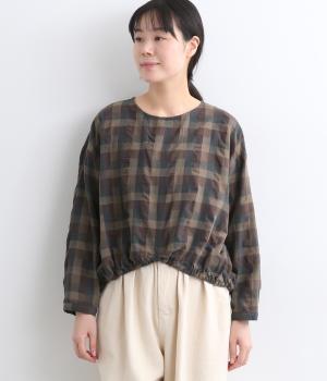 コットンリネンブロックチェック裾ゴムプルオーバー