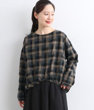 コットンリネンブロックチェック裾ゴムプルオーバー(ブラック-L)