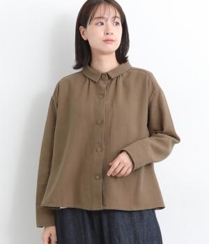 リネンコットン襟付シャツ(ブラウン-L)