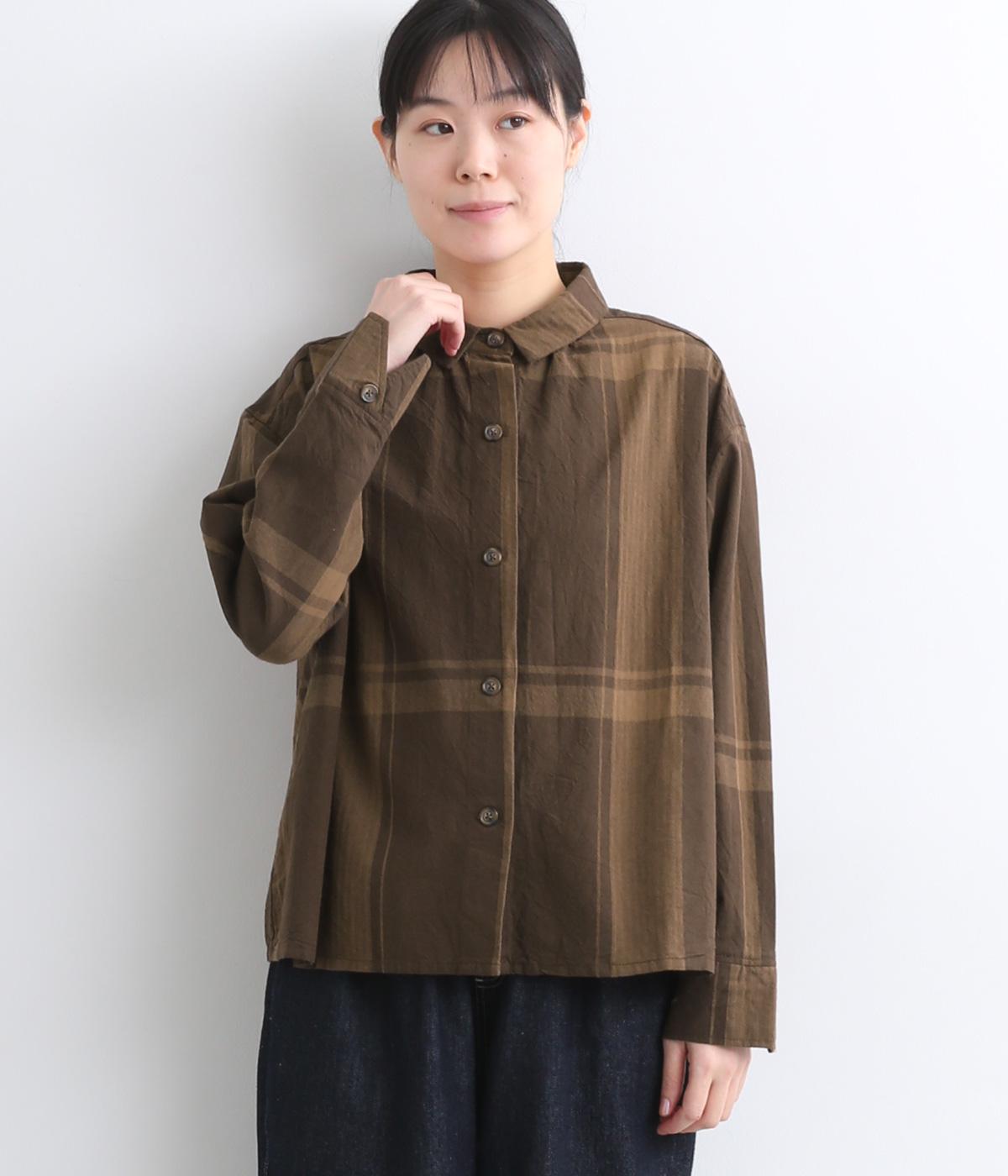 コットンリネンビッグチェック襟付シャツ(ブラウン-M)