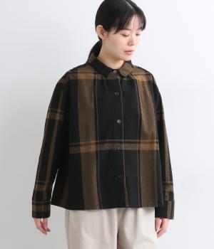 コットンリネンビッグチェック襟付シャツ(ブラック-L)