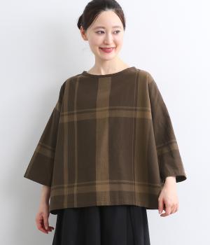 コットンリネンビッグチェックプルオーバーブラウス(ブラウン-M)