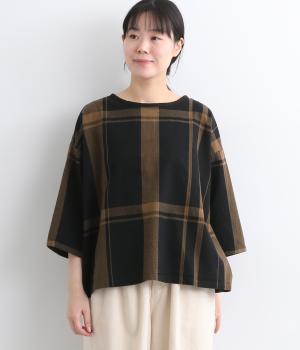 コットンリネンビッグチェックプルオーバーブラウス(ブラック-L)