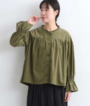 コットンコーデュロイギャザーブラウス(カーキ-M)