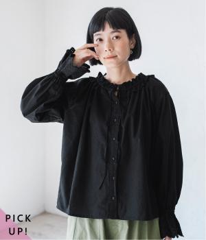 別注｜袖スカラップ刺繍ブラウス(ブラック-L)
