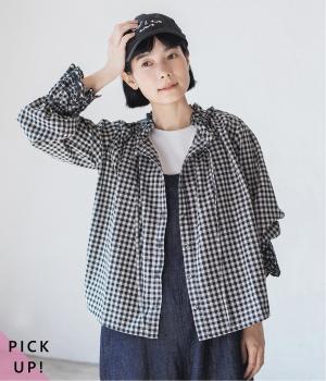 別注｜袖スカラップ刺繍ブラウス(ギンガムチェック-L)
