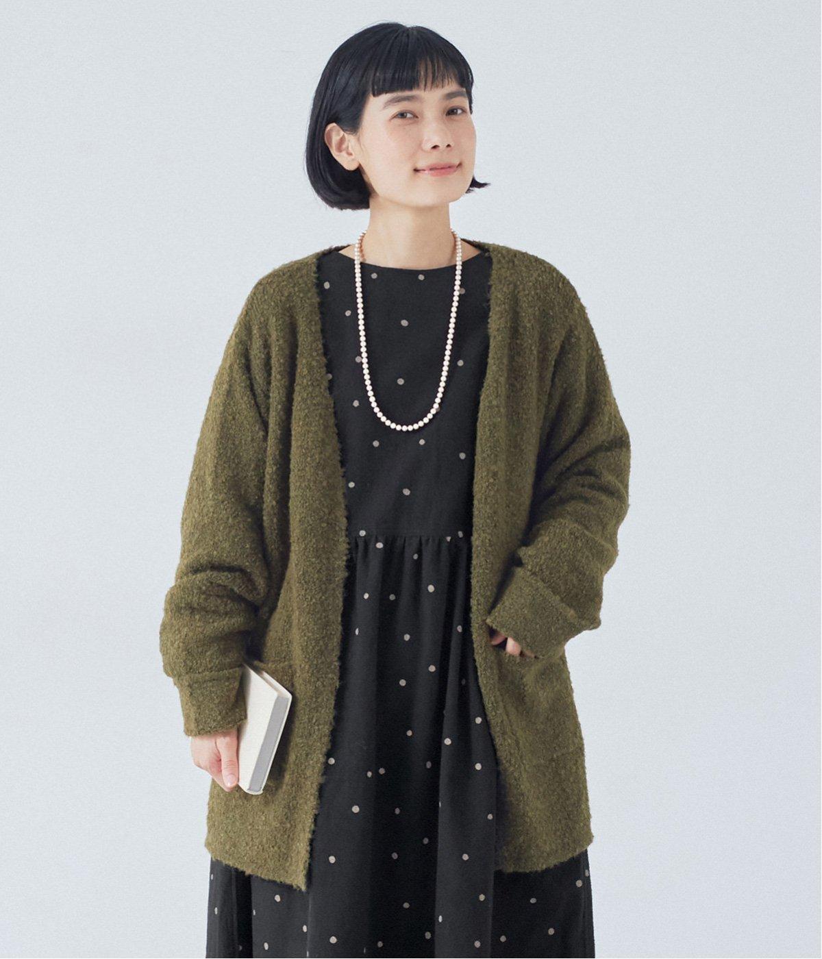 天竺ミックスニットカーディガン(カーキ-M)