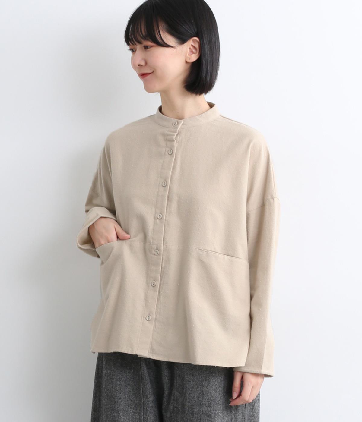 コットンネルバンドカラー切替シャツ(アイボリー-M)
