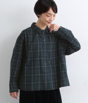 コットンビエラチェック襟付シャツ(ネイビー-M)