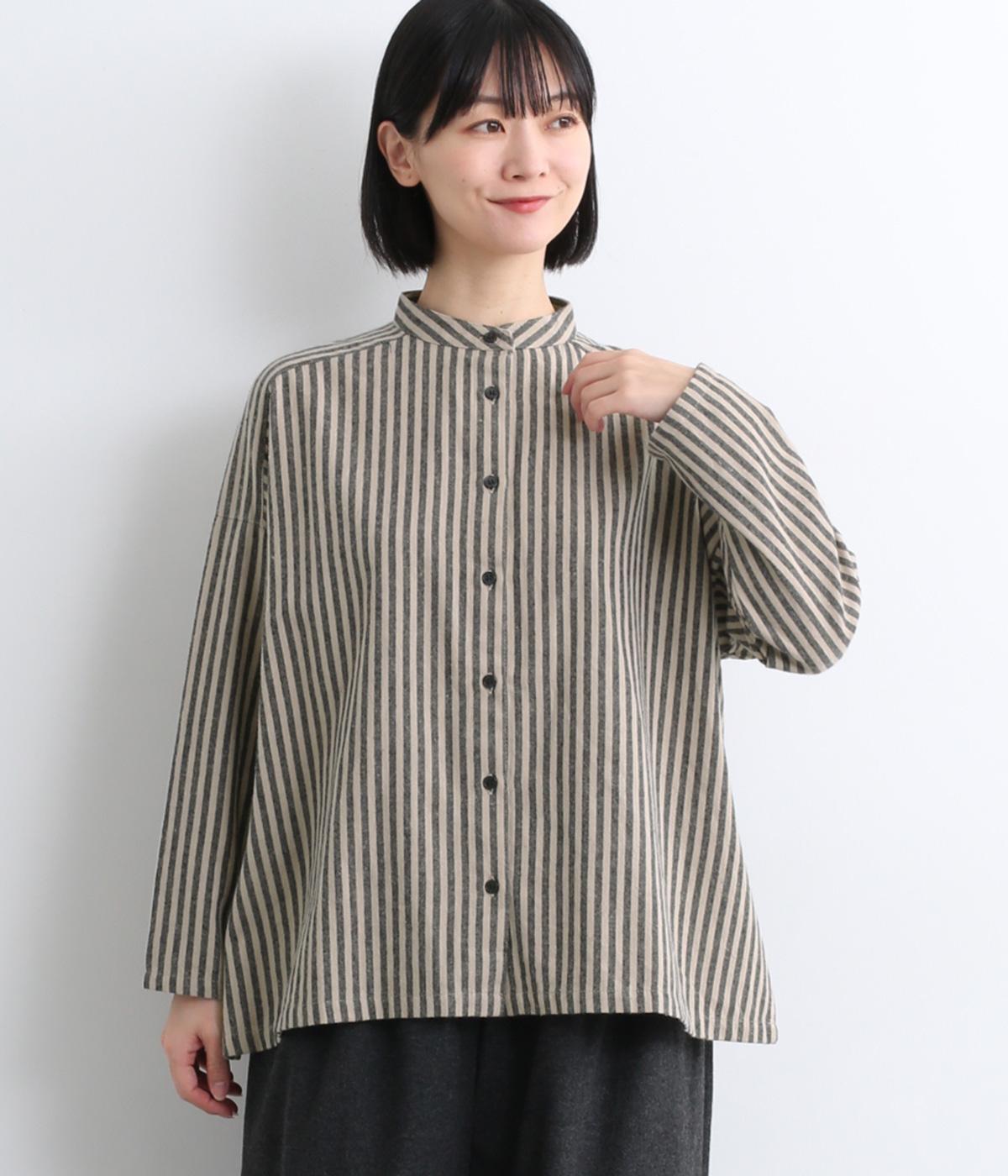コットンビエラストライプバンドカラーシャツ(ベージュ-M)