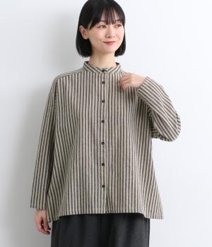 コットンビエラストライプバンドカラーシャツ(ベージュ-M)