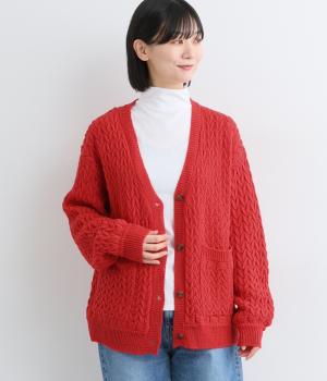 ケーブルニットカーディガン(レッド-M)