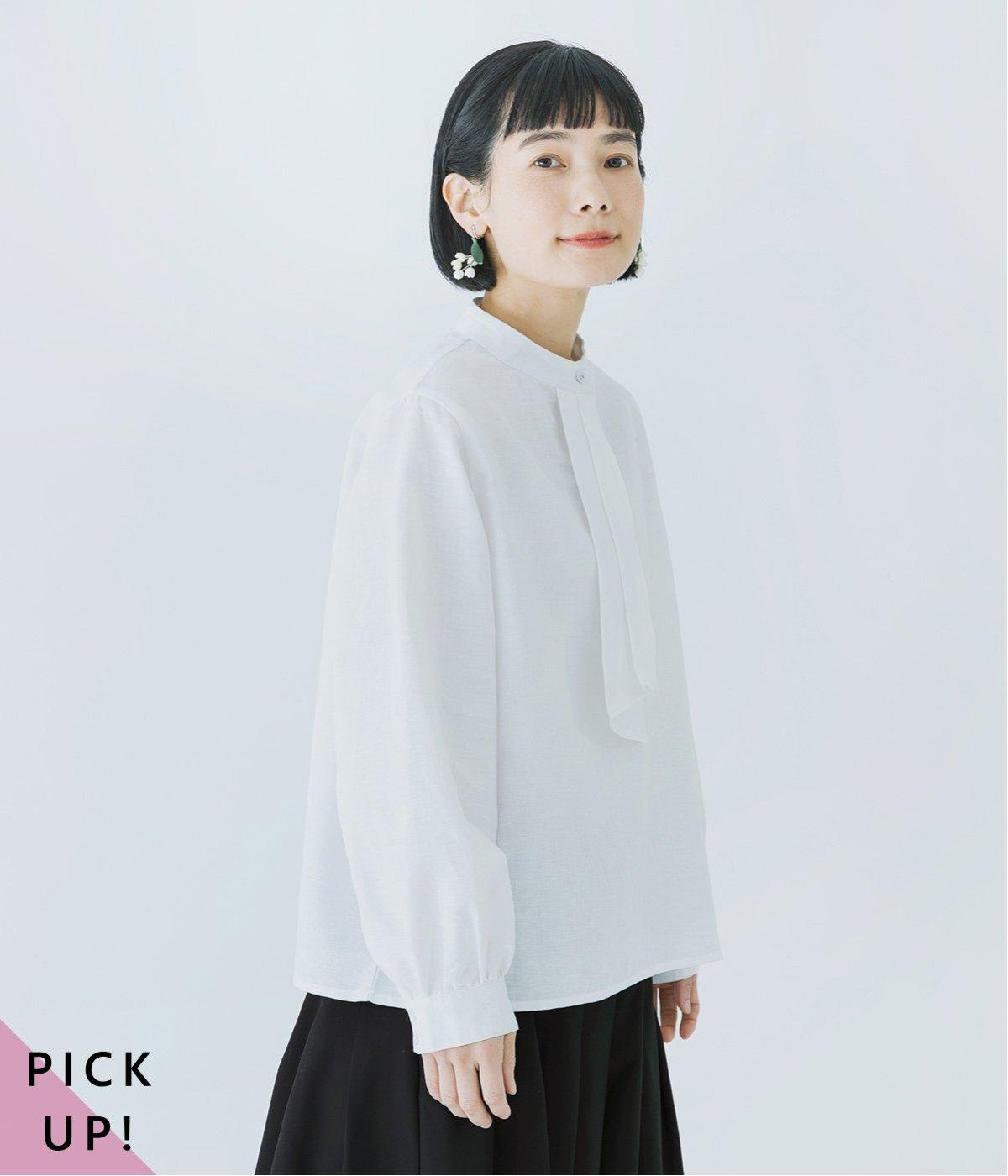 リネンコットンボウタイブラウス(オフホワイト-M)