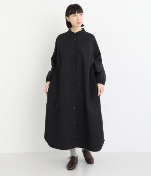 コットンダンプバイオウォッシュ加工バンドカラーワンピース(クロ-L)