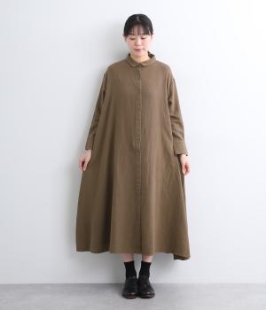 リネンコットンスラブシャツワンピース(ブラウン-L)