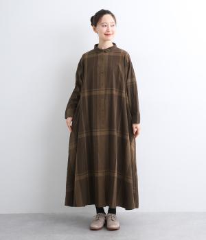コットンリネンビッグチェックシャツワンピース(ブラウン-L)