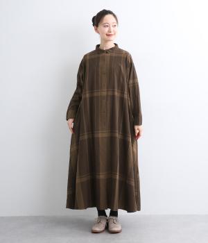 コットンリネンビッグチェックシャツワンピース(ブラウン-M)